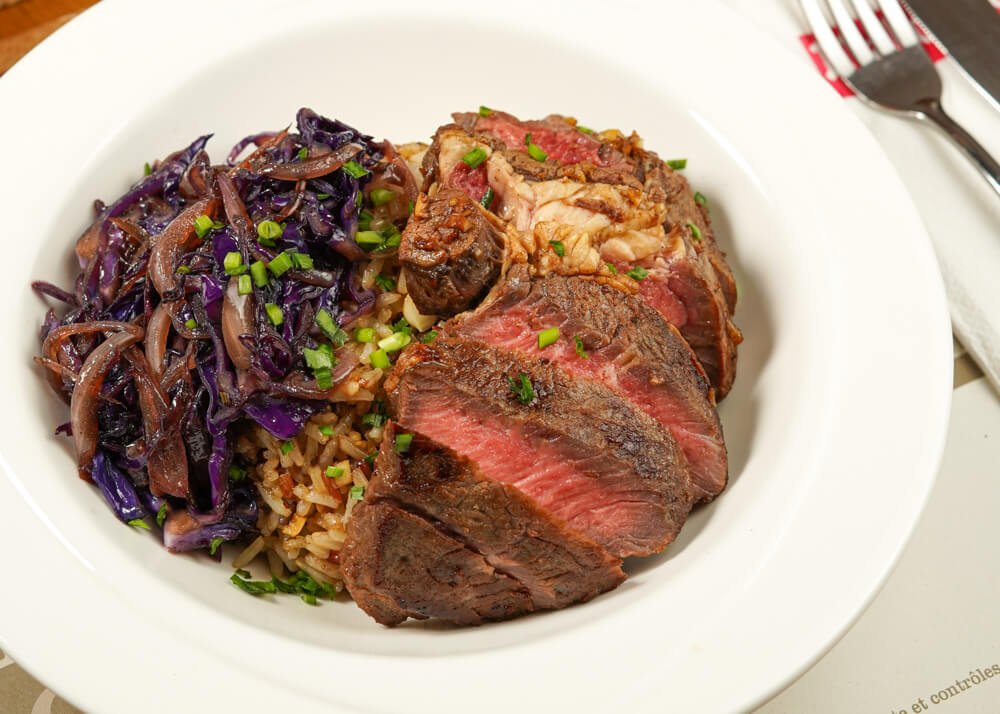 Malongo's Summer Menu Steak n' Rice Rib-eye steak